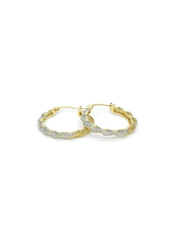 2-Tone Gold Diamond Accent Hoop Earrings 18k Yellow Gold Filled High Polish Finsh