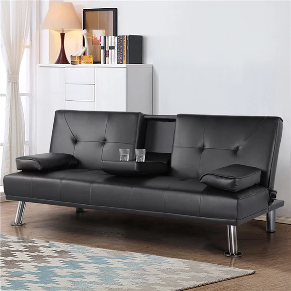Adjustable Faux Leather Sofa Bed with Armrest, Black