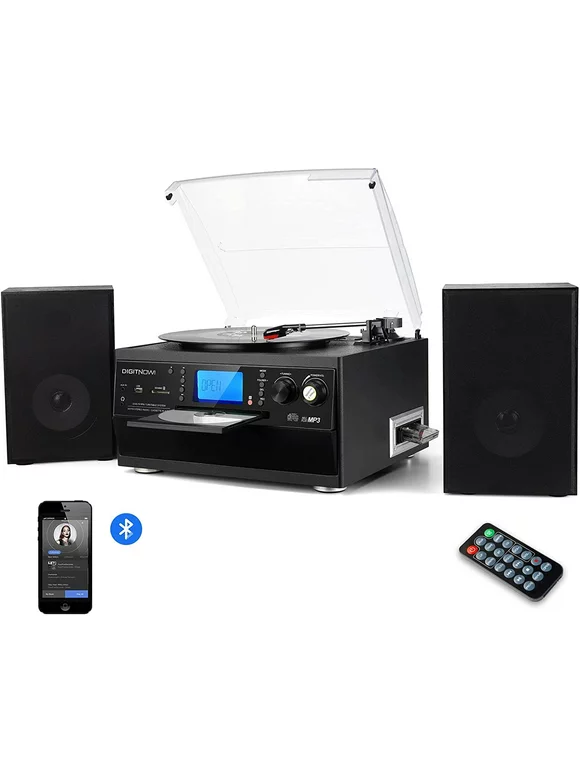 DIGITNOW Bluetooth Record Player Turntable with Stereo Speaker, CD Player, Cassette, Radio, Aux in and SD Encoding, Remote Control, Audio Music Player Built in Amplifier