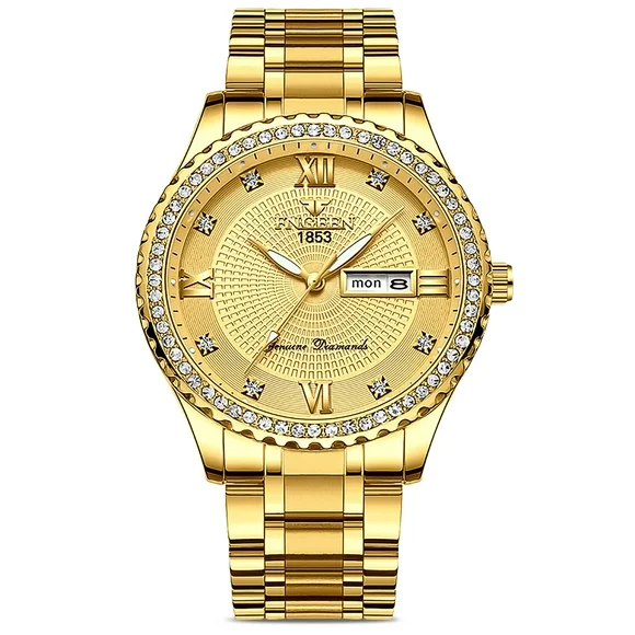 EEEkit Classic Diamond Gold Watches for Men, Stainless Steel Waterproof Dress Watch, Men's Quartz Analog Wristwatch