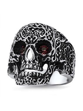 Lex & Lu Men's Fashion Stainless Steel Skull Biker Ring w/Red Gem Eyes