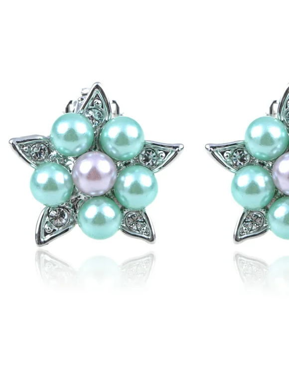 Simple Delicate Faux Pearl Flower Star Crystal Elements Clip Earrings