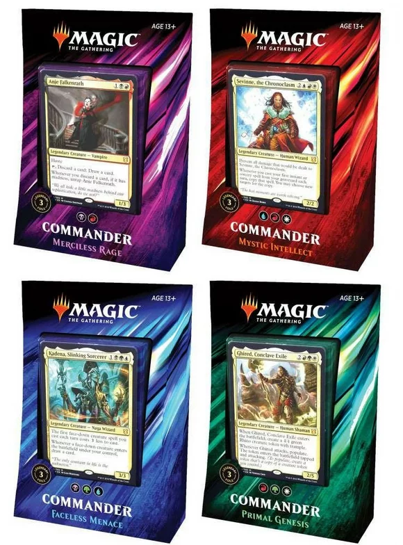 Magic The Gathering Commander 2019 Set of 4 Decks (Primal Genesis, Faceless Menace,Mystic Intellect, & Merciless Rage)