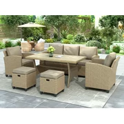 6pcs Outdoor Conversation Sets for Patio, BTMWAY All-weather Wicker Patio Dining Furniture Sets, Backyard Outdoor Deck Bistro Dining Table Sets, w/ Removable Cushions&Couch&Stools&Table, Brown, R417