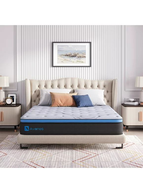 Avenco Full Size Firm 10-Inch Hybrid Mattress in a Box, Innerspring and Gel Memory Foam, Grey, Pillow Top