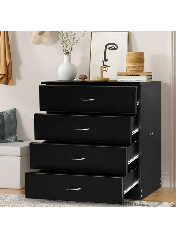 SYNGAR Black 4 Drawer Dresser, Chest of Drawers for Bedroom, Modern Storage Cabinet Dresser Organizer Unit with Handle for Living Room, Closet, Hallway, Nursery
