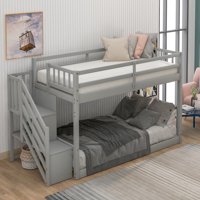Euroco Wood Twin Over Twin Floor Bunk Bed with Stairs for Kids, Gray