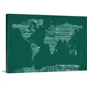 Great BIG Canvas | "Sheet Music World Map, Green" Canvas Wall Art - 36x24