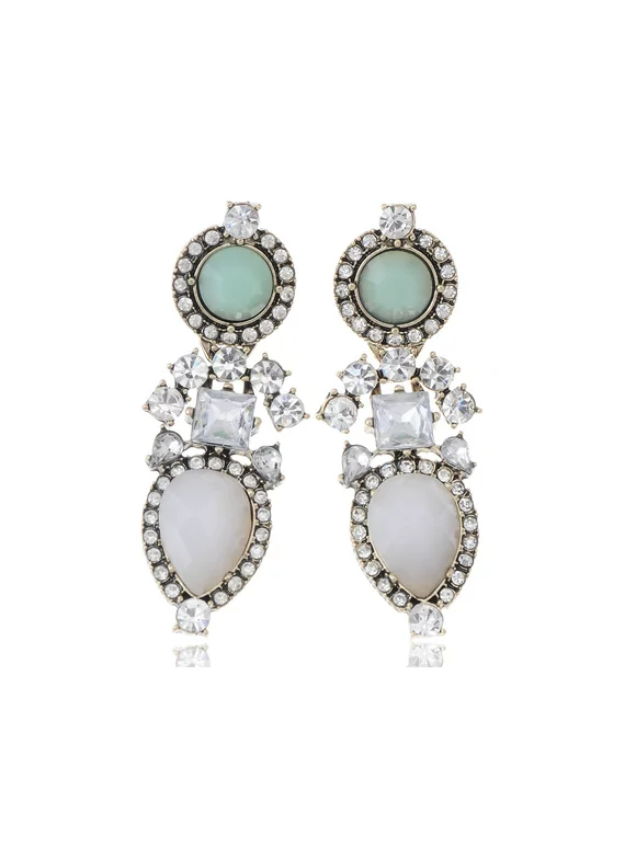 Alilang Golden Tone Fancy Turquoise Face Opal Body Clear Crystal Rhinestone People Earrings