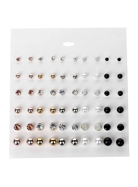 HEQU Women Round Ball Metal Pearl Earrings For Women Girl Gifts Crystal Stud Earring Sets Mix Jewelry Pack of 30 Pairs