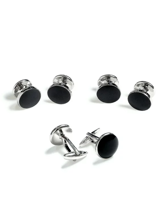 6 Piece Set: Jacob Alexander Men's Rounded Pair of Metal Cufflinks and Set of 4 Tuxedo Studs - Silver/Black