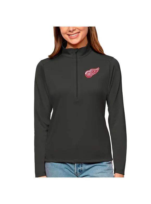 Women's Antigua Charcoal Detroit Red Wings Tribute Quarter-Zip Pullover Top