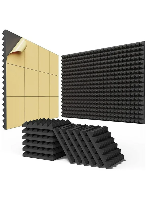 24PCS Self-Adhesive Sound Proof Foam Panels 2x12x12In,Fast Expand Acoustic Panels, Pyramid Soundproof Wall Panels