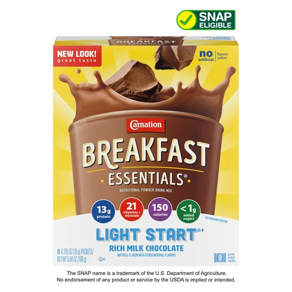 Carnation Breakfast Essentials Light Start Nutritional Powder Drink Mix, Rich Milk Chocolate, 13 g Protein, 8 - 20 g Packets