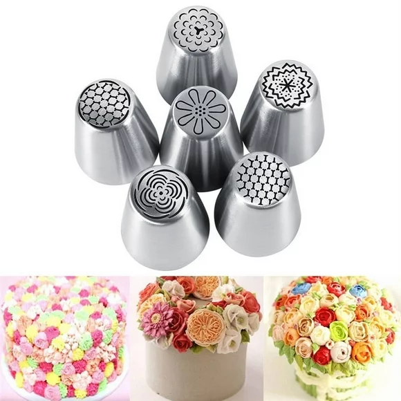 Walfront Russian Piping Tips Set 6 Pieces Set Cake Decorating Supplies Tips Kits Stainless Steel Baking Supplies Icing Tips for Cupcake Cookies Cake