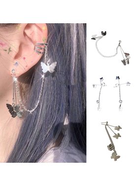 SPRING PARK 1PC Butterfly Butterfly Tassel Ear Clip Silver Chain Tassel Earring Ear Jewelry Accessory