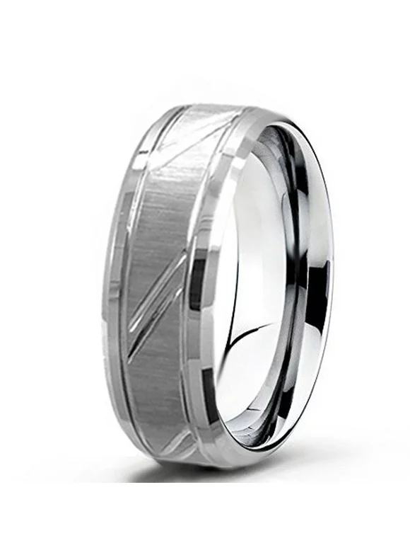 Tungsten Wedding Band Ring 8mm Men's Engagement Silver with Textured Brushed Center