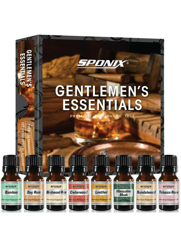 Gentlemen's Essentials Fragrance Oils 8 X 10 mL (0.33 Oz) - 100% Pure - Leather, Bay Rum, Cedarwood, Sandalwood, Tobacco Rose, Bamboo, Birchwood Pine, Masculine Musk Gift Set of 8 by Sponix 8 Pack