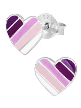 Hypoallergenic Sterling Silver Purple Striped Heart Stud Earrings for Kids (Nickel Free)