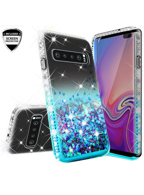 Compatible for Samsung Galaxy S10 Case, with [Screen Protector] SOGA Diamond Liquid Quicksand Cover Cute Girl Women Phone Case - Clear / Teal