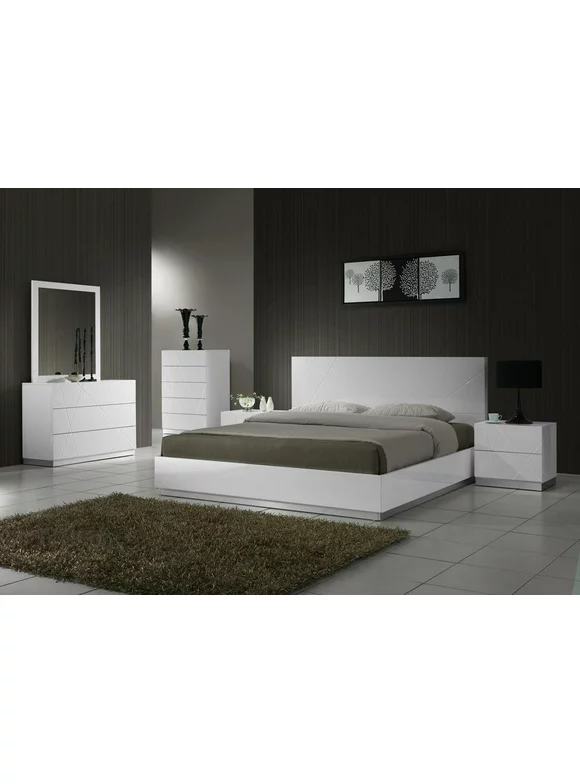 White Lacquer Finish Platform Queen Size Bedroom Set 3Pc J&M Naples Contemporary