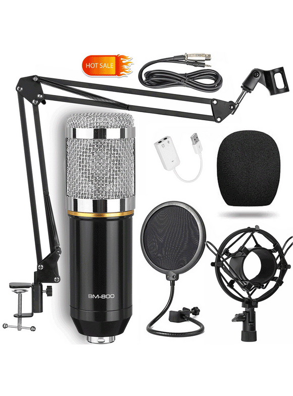 BM800 Condenser Studio Microphone Kits Novashion 8 Pcs/Set, 20 to 20,000 Hz Mic, 8.2 ft Cable, with Adjustable Mic Stand, USB Sound Adapter, Nylon Filter, Metal Shock Mount, Windscreen