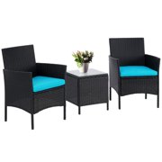 SUNCROWN 3-Piece Patio Outdoor Bistro Furniture Set, All-Weather Black Wicker Chairs and Glass Side Table, Blue Cushion