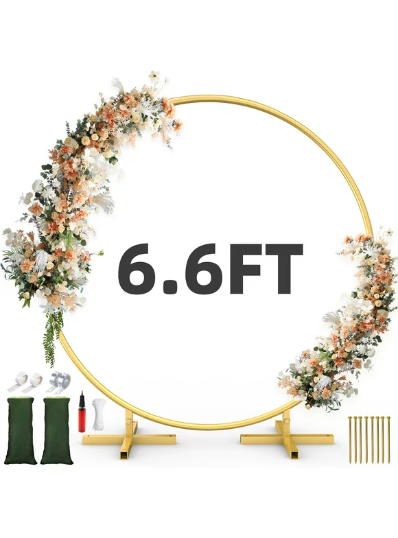 Firstness Round Wedding Archs, 6.6FT Upgraded Cross Base Metal Backdrop Stand for Wedding Birthday Party Bar Mitzvah DIY Decoration, Gold (No Flowers)