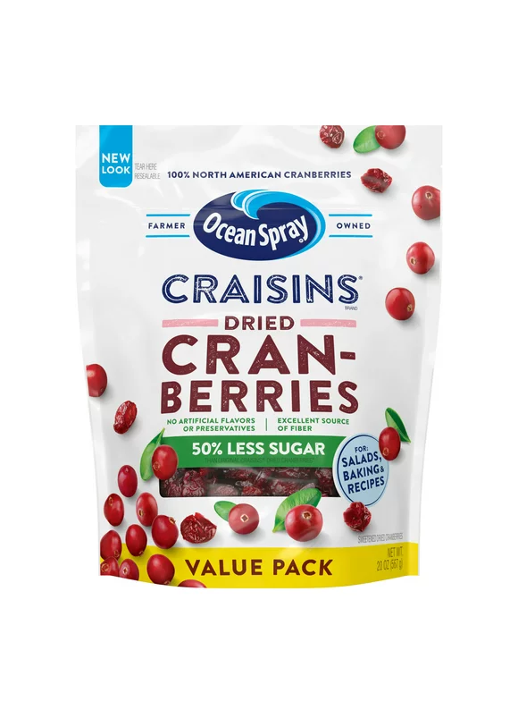 Ocean Spray Craisins Dried Cranberries, Reduced Sugar, 20oz Resealable Pouch