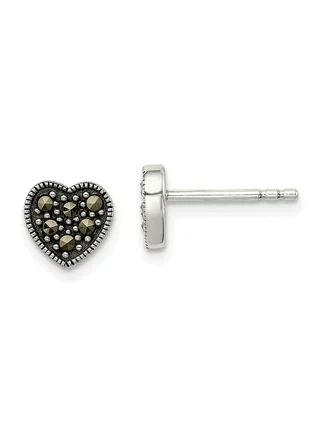 925 Sterling Silver Marcasite Heart Earrings (8mm x 8mm)