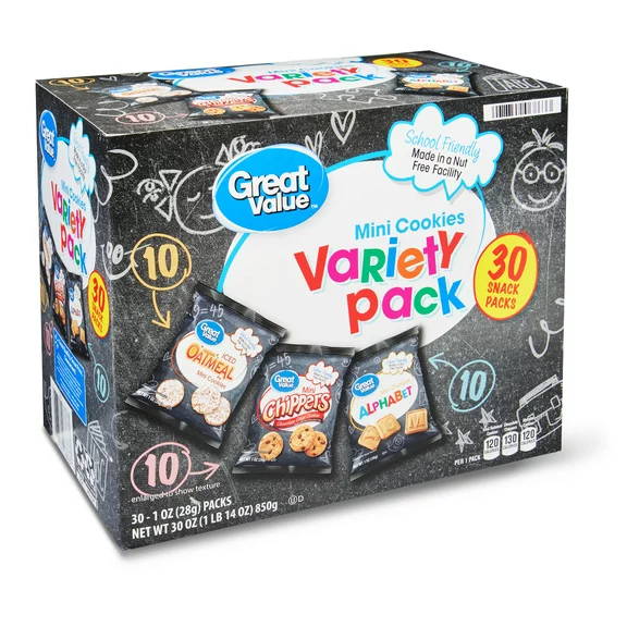 Great Value Mini Cookies Variety Pack, 1 oz, 30 Count