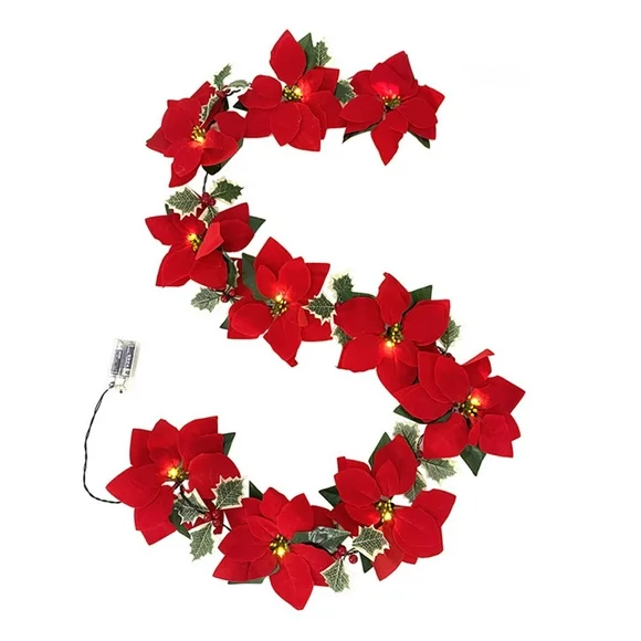 1pc Poinsettia Christmas Flowers Decorations Garland String Lights, Aousthop 6.56ft Xmas Tree Artificial Ornaments for Indoor/Outdoor Party Decor,with Red Berries Holly Leaves (without Batteries)