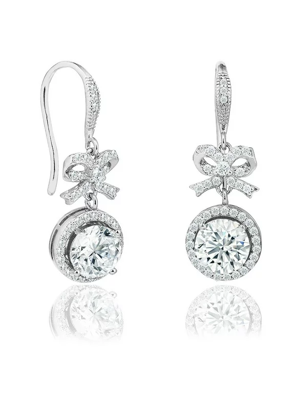 Taylor 18k White Gold Drop Earrings, Dangling Round Cut CZ Halo Bow Earring Set for Women, Silver Cubic ZIrconia Halo Earrings with Bow, Wedding Anniversary Jewelry MSRP - $94