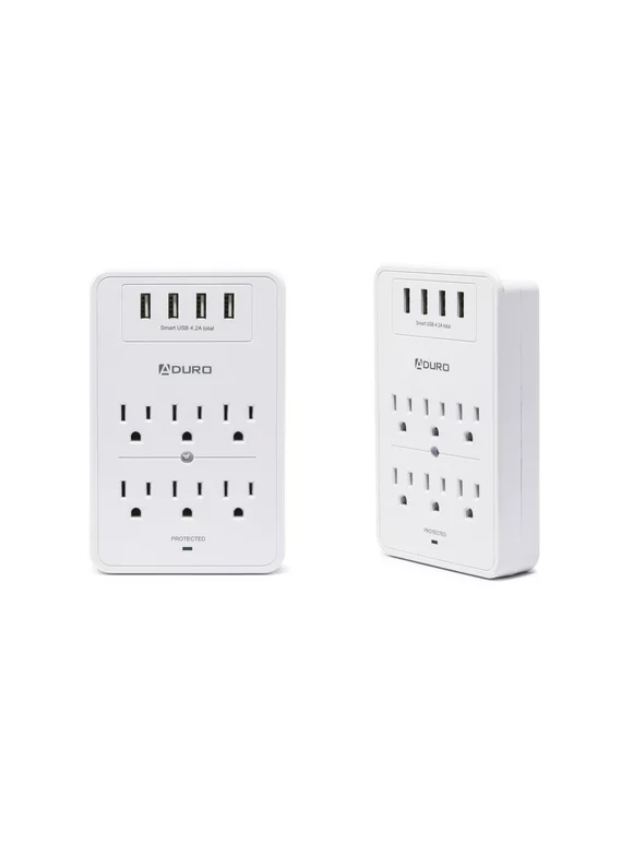 Aduro Surge Protector 6 Outlets Power Strip Station with USB (4 Ports 4.8A) Wall Mount Multiple Outlet Splitter Extender Adapter with Phone Shelf Stand ETL Listed White