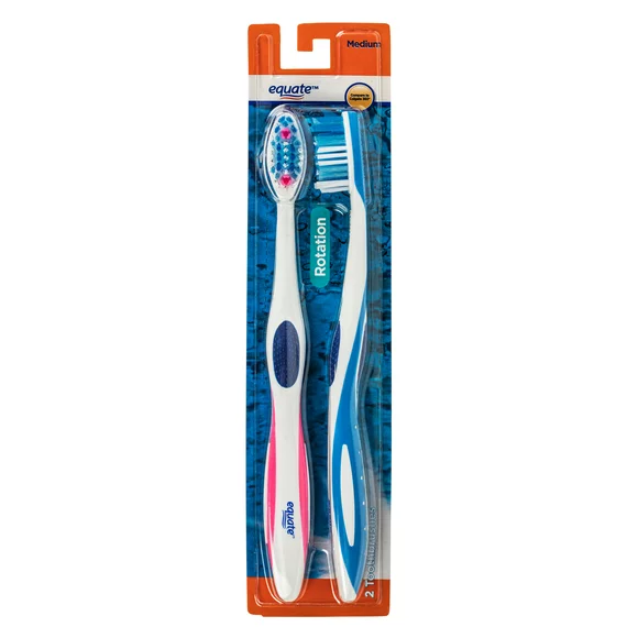 Equate Rotation, Adult Manual Medium Bristle Toothbrush with Tongue and Cheek Cleaner, 2 Count