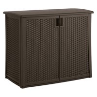 Suncast 97 Gallon Outdoor Resin Wicker Deck Storage Cabinet, Java Brown