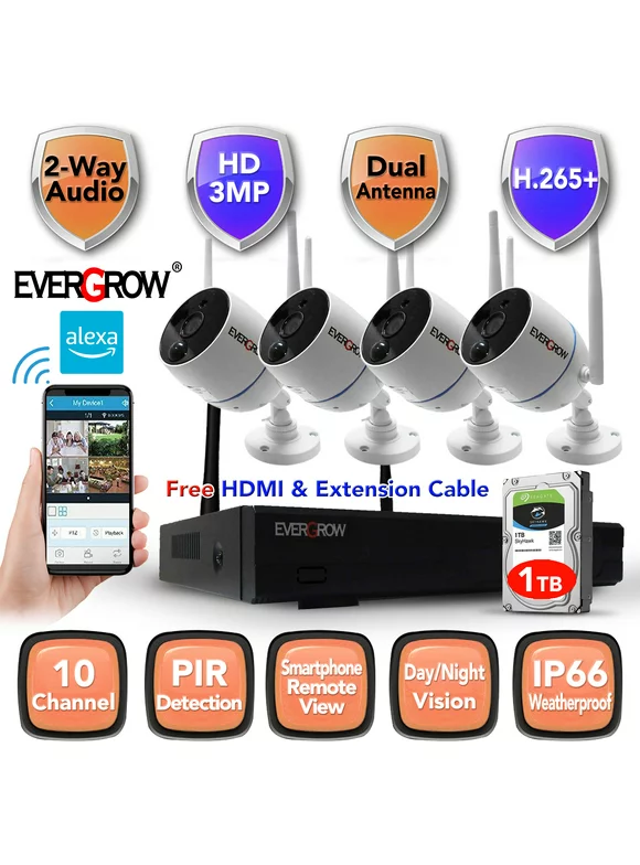 EverGrow + 4pcs of 1296p Long Range Wireless (NOT battery operated) Security Camera System HD 10 channel WiFi NVR 1TB Hard Drive outdoor/indoor home security camera system (CAM-WIFI-4CH-2MP-9)