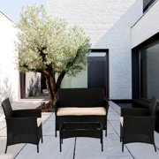 Patio Rattan Wicker Furniture Outdoor 4pc Rattan Sofa Garden Conversation Set with White Cushions