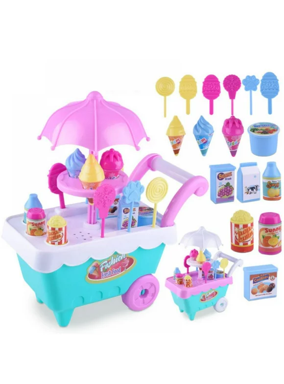 Clearance! Ice Cream Toy Cart Play Set for Kids - 16-Piece Pretend Play Food - Educational Interactive Ice-Cream Trolley Truck- Great Gift for Girls and Boys Ages 3 - 12 Years Old