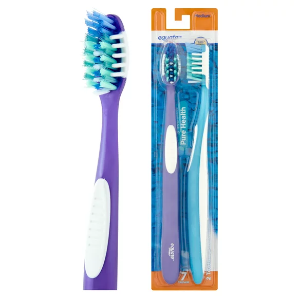 Equate Pure Health, Adult, Manual Medium Bristle Toothbrush with Tongue and Cheek Cleaner, 2 Count