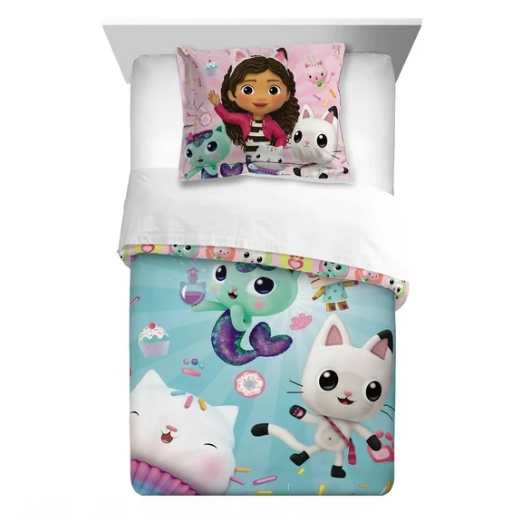 Gabby's Dollhouse Kids Comforter and Sham, 2-Piece Set, Twin/Full, Reversible, Blue and Pink, dreamWorks