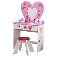 KidKraft Love, Diana Wooden Heart Vanity Toy Set with Stool, Mirror and Cling Stickers for Personalization