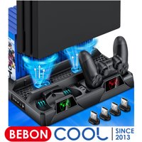 BEBONCOOL PS4 Stand Cooling Fan for PS4 Slim/PS4 Pro/PlayStation 4,PS4 Pro Stand Vertical Stand Cooler with Dual Controller Charge Station & 16 Game Storage Black