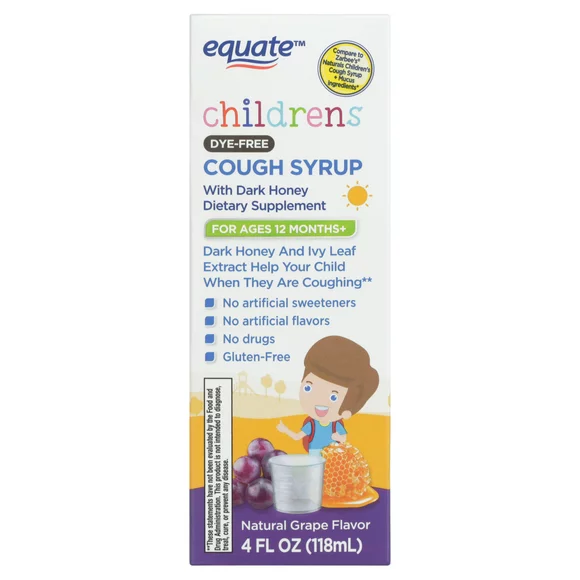 Equate Children's Drug-Free Cough Syrup, Dye-free Natural Grape Flavor, over the Counter, 4 fl oz