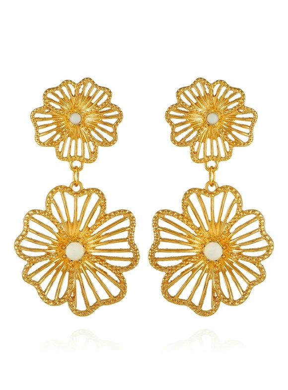 Time and Tru Women's Gold Tone Open Flower Statement Earring with Opal Stones