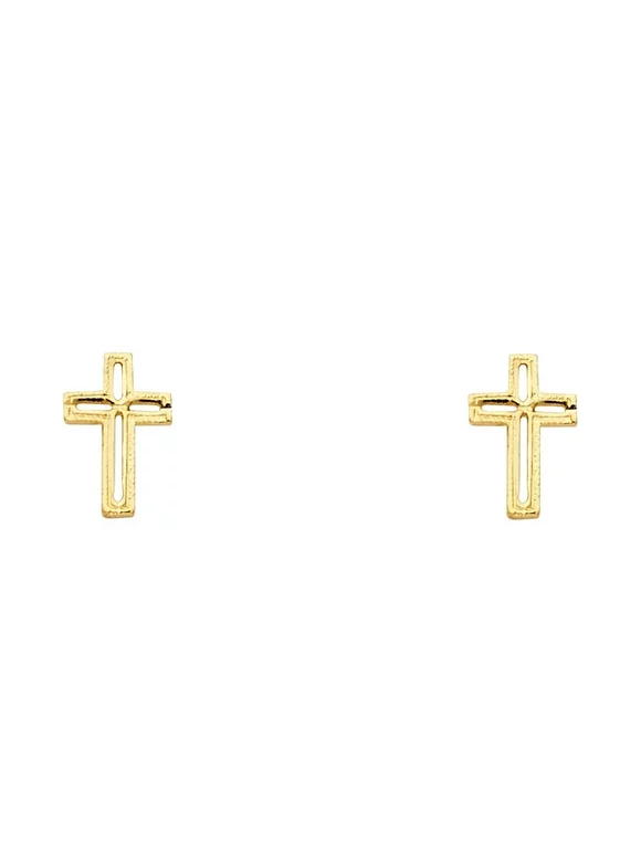 14k Yellow Gold Small Cross Post Earrings, (11mm X 6mm)