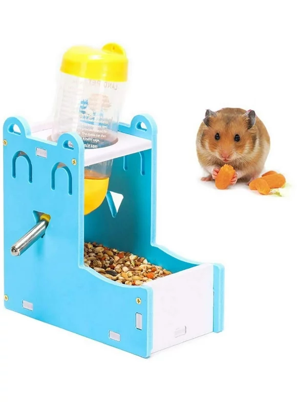 2 in 1 Hamster Hanging Water Bottle, Pet Auto Dispenser with Base for Hamster Rat Gerbil Mouse Guinea Pig,Blue