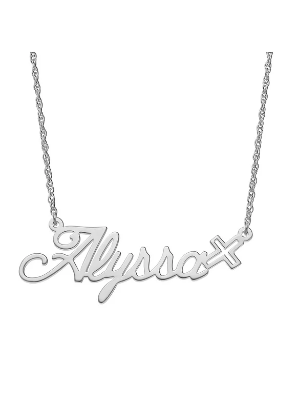 Personalized Women's Sterling Silver or Gold over Silver Script Nameplate with Cross Necklace