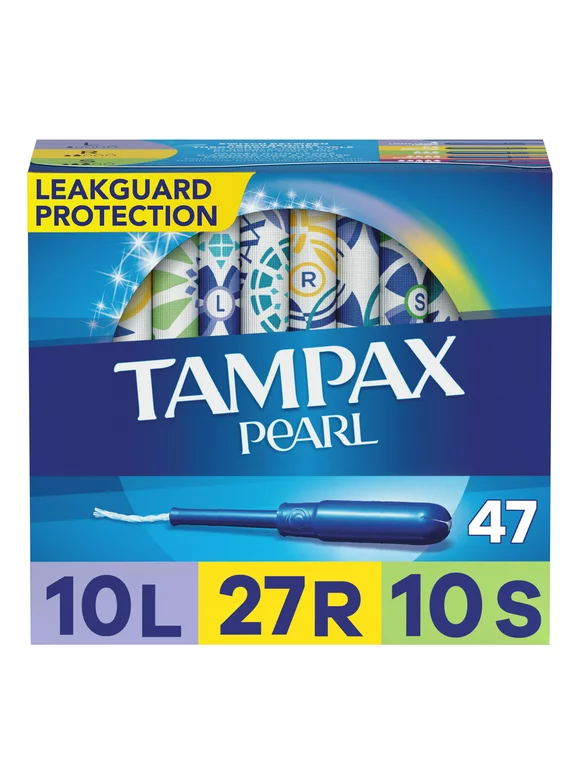 Tampax Pearl Tampons Trio Pack, with LeakGuard Braid, Light/Regular/Super Absorbency, Unscented, 47 Ct