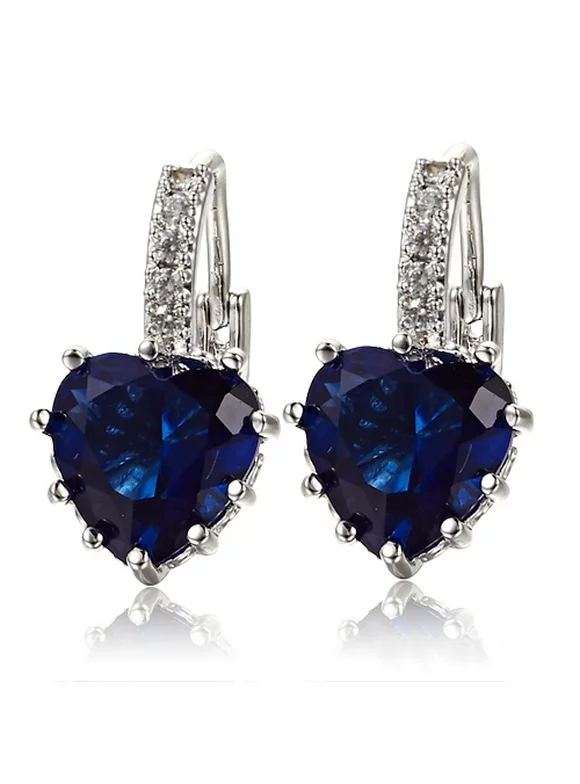 Besufy Women Earrings ,18K White Gold Plated Sapphire Blue Rhinestone Heart Leverback Earrings